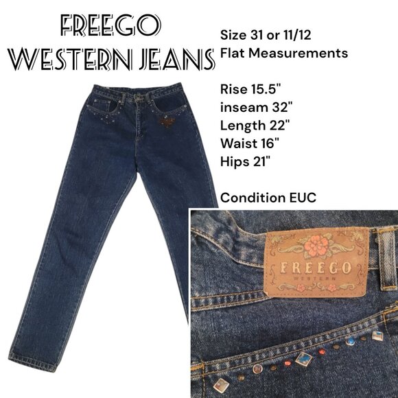 VINTAGE Freego Western High Waist Mom Jeans 31 - 11/12 - 80's 90's Gems Studded - Picture 1 of 5